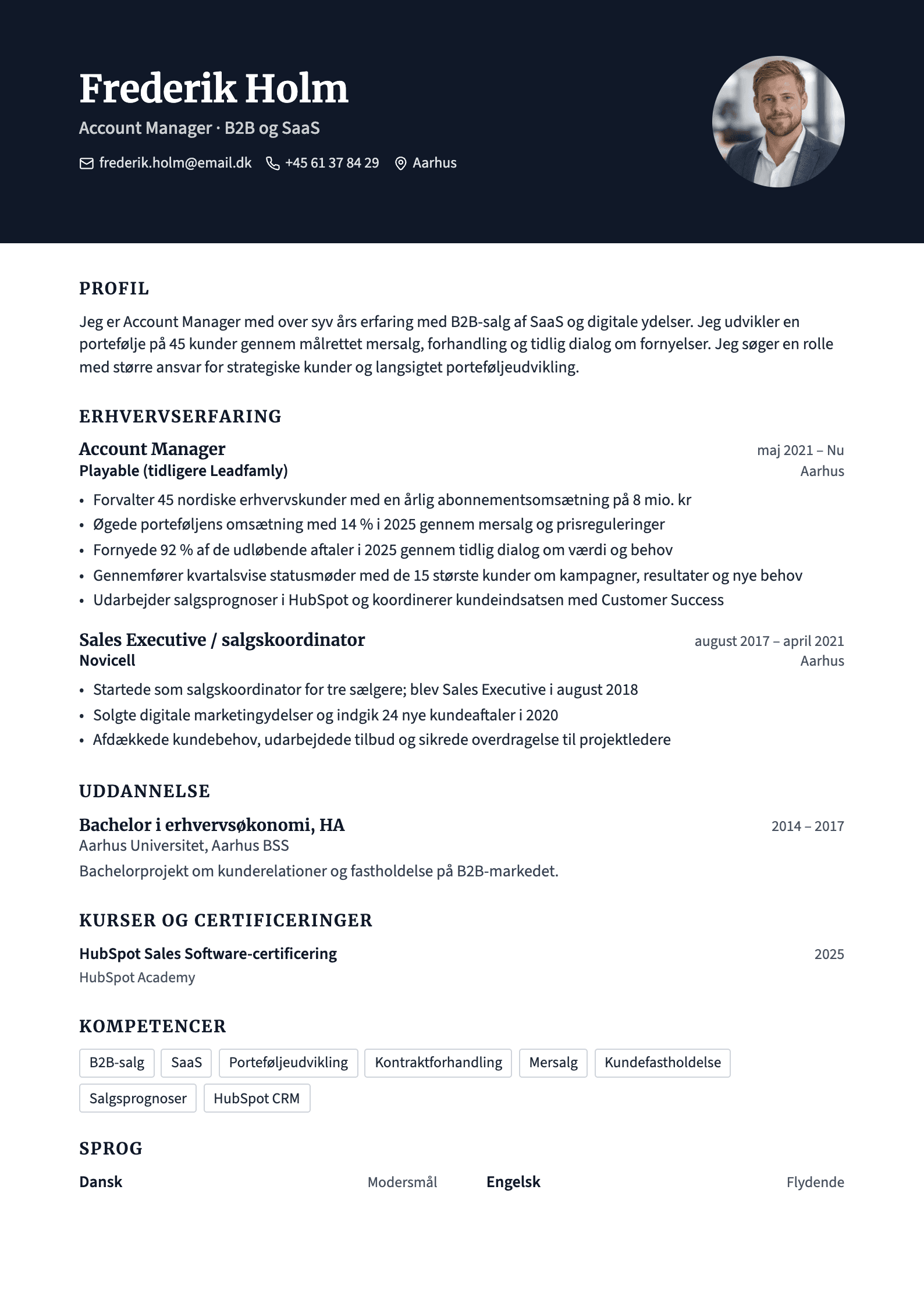 CV-eksempel for account manager: komplet CV med profiltekst, erhvervserfaring og kompetencer
