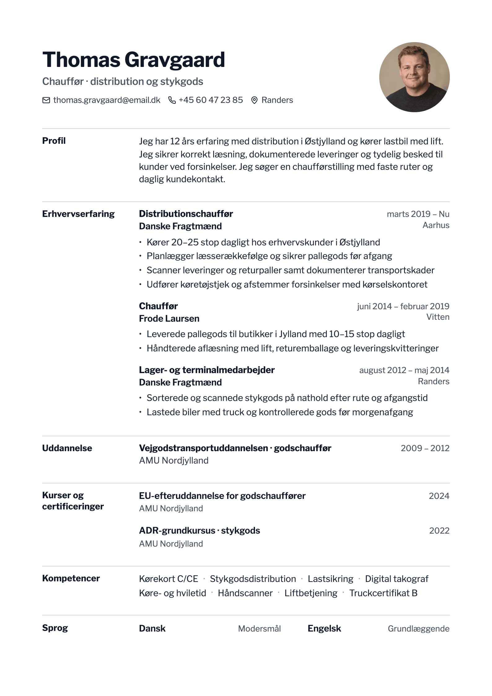 CV-eksempel for chauffør: komplet CV med profiltekst, erhvervserfaring og kompetencer