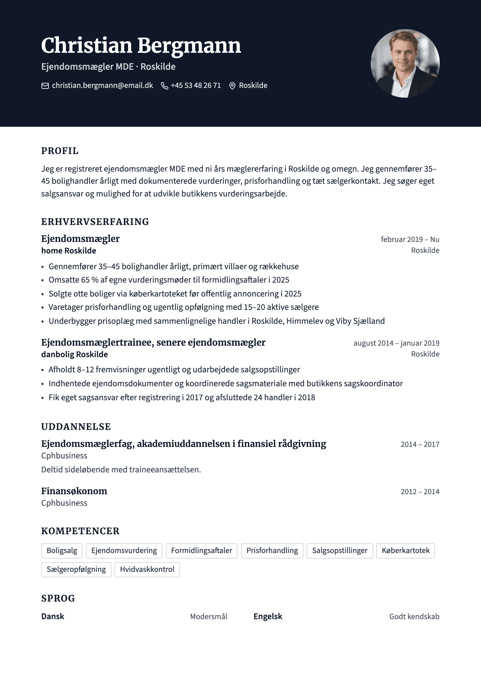 CV-eksempel for ejendomsmægler: komplet CV med profiltekst, erhvervserfaring og kompetencer