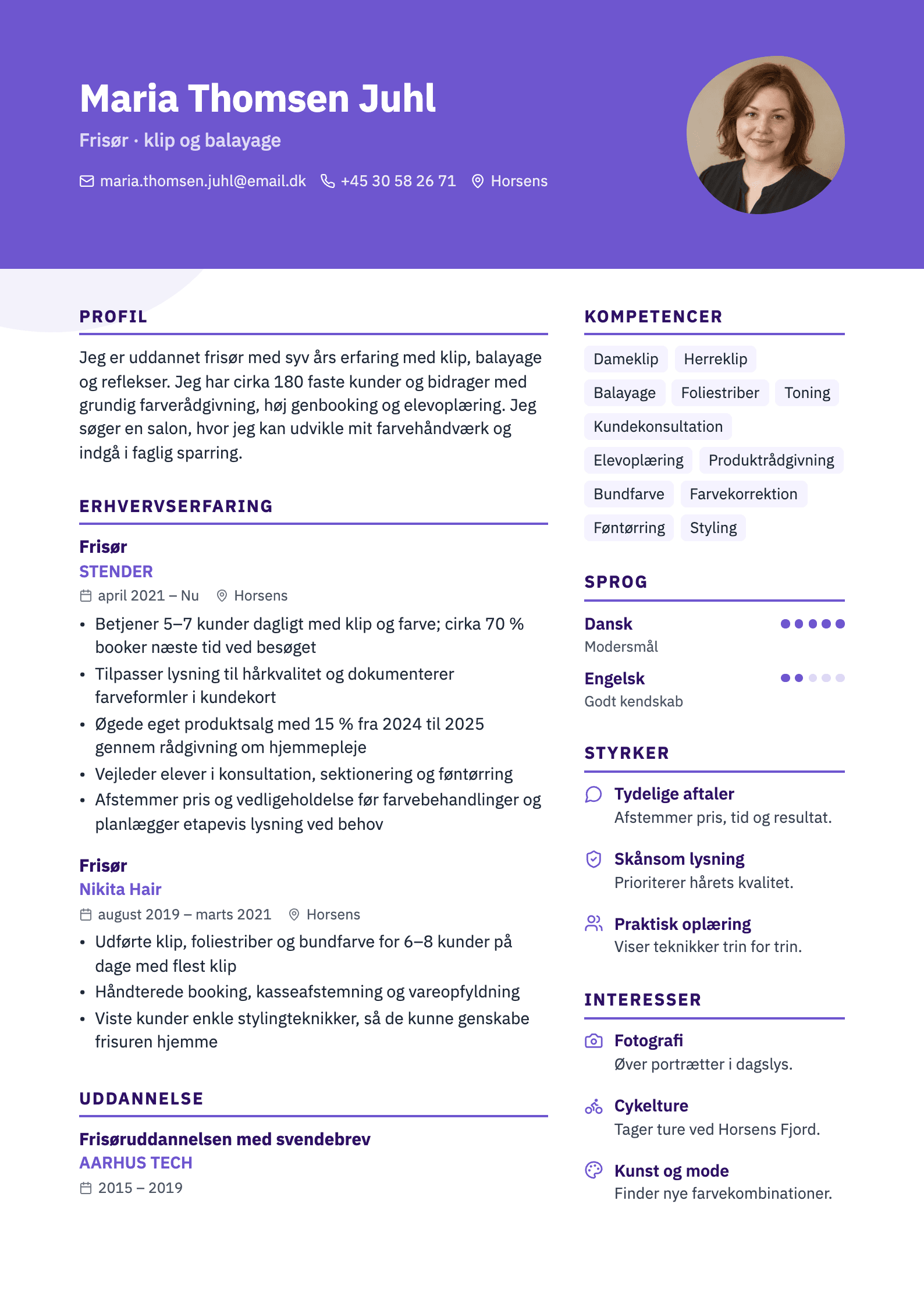 CV-eksempel for frisør: komplet CV med profiltekst, erhvervserfaring og kompetencer