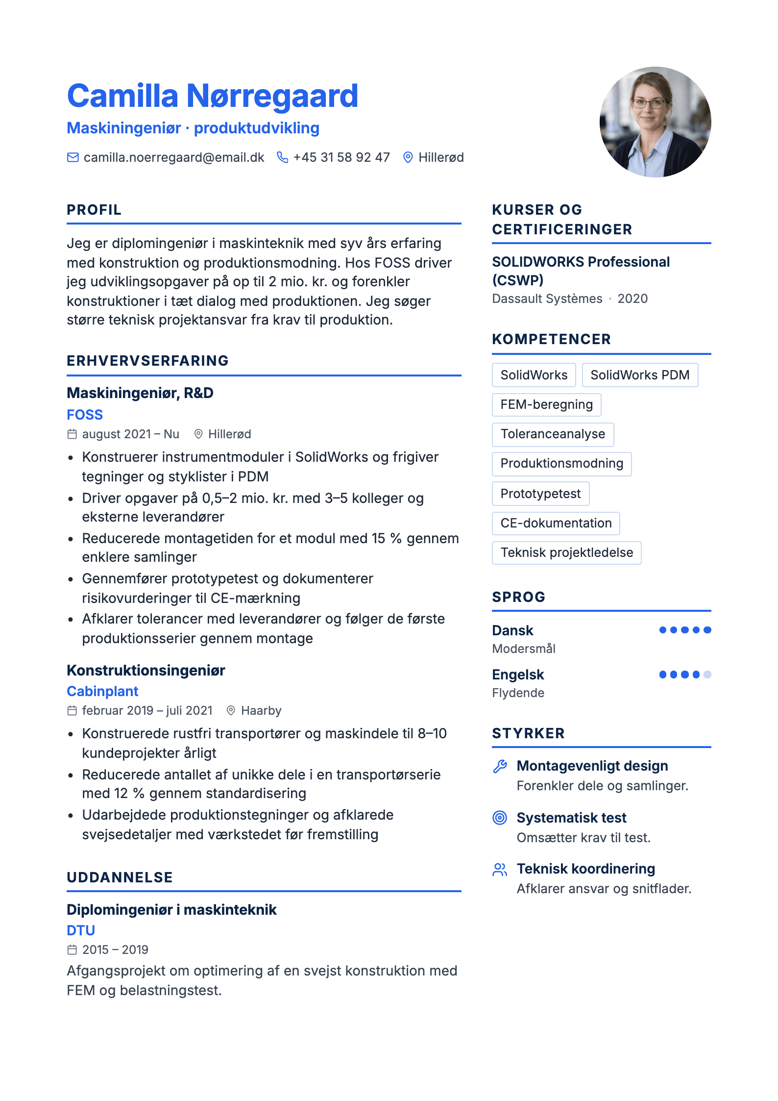 CV-eksempel for ingeniør: komplet CV med profiltekst, erhvervserfaring og kompetencer