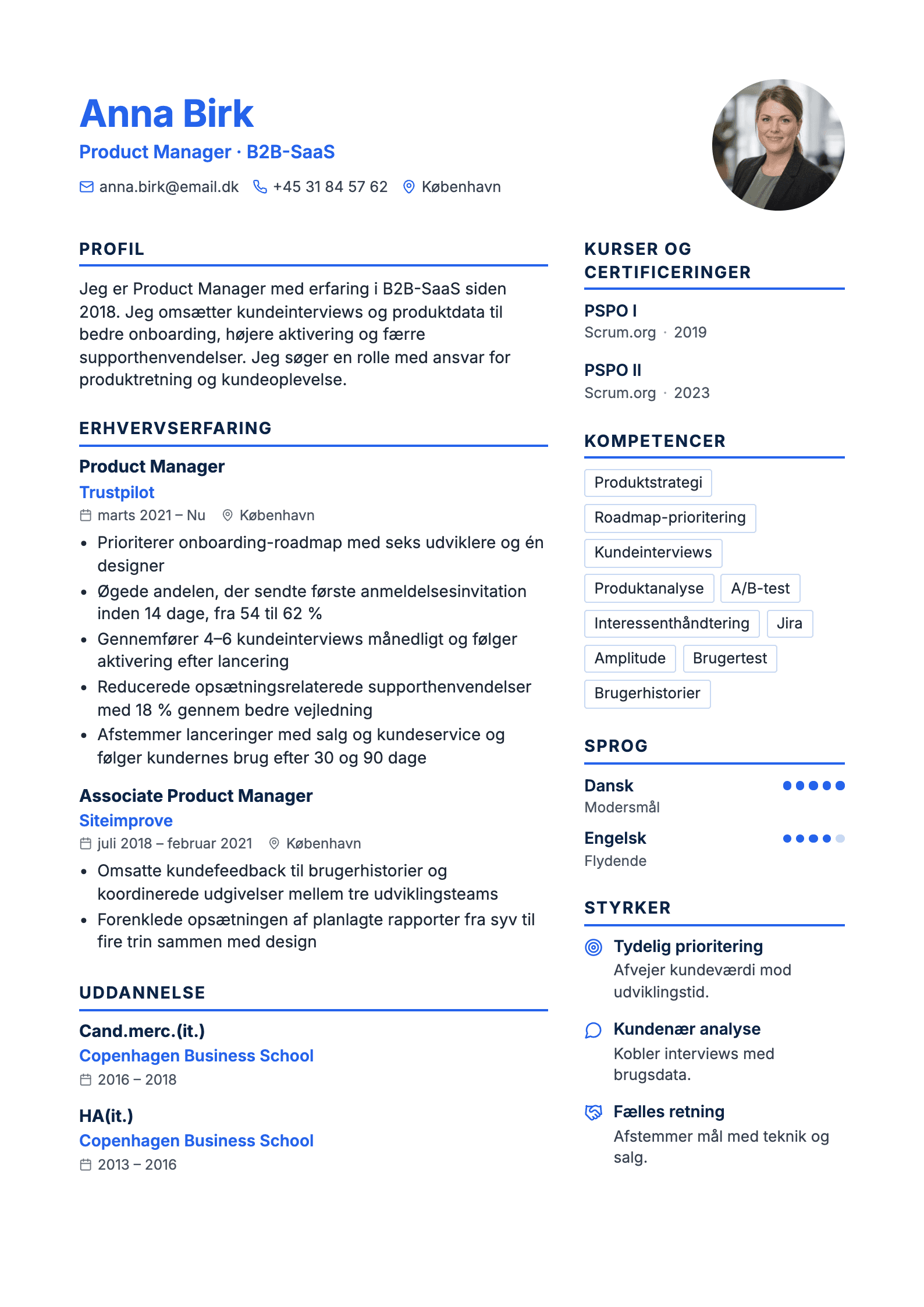 CV-eksempel for product manager: komplet CV med profiltekst, erhvervserfaring og kompetencer