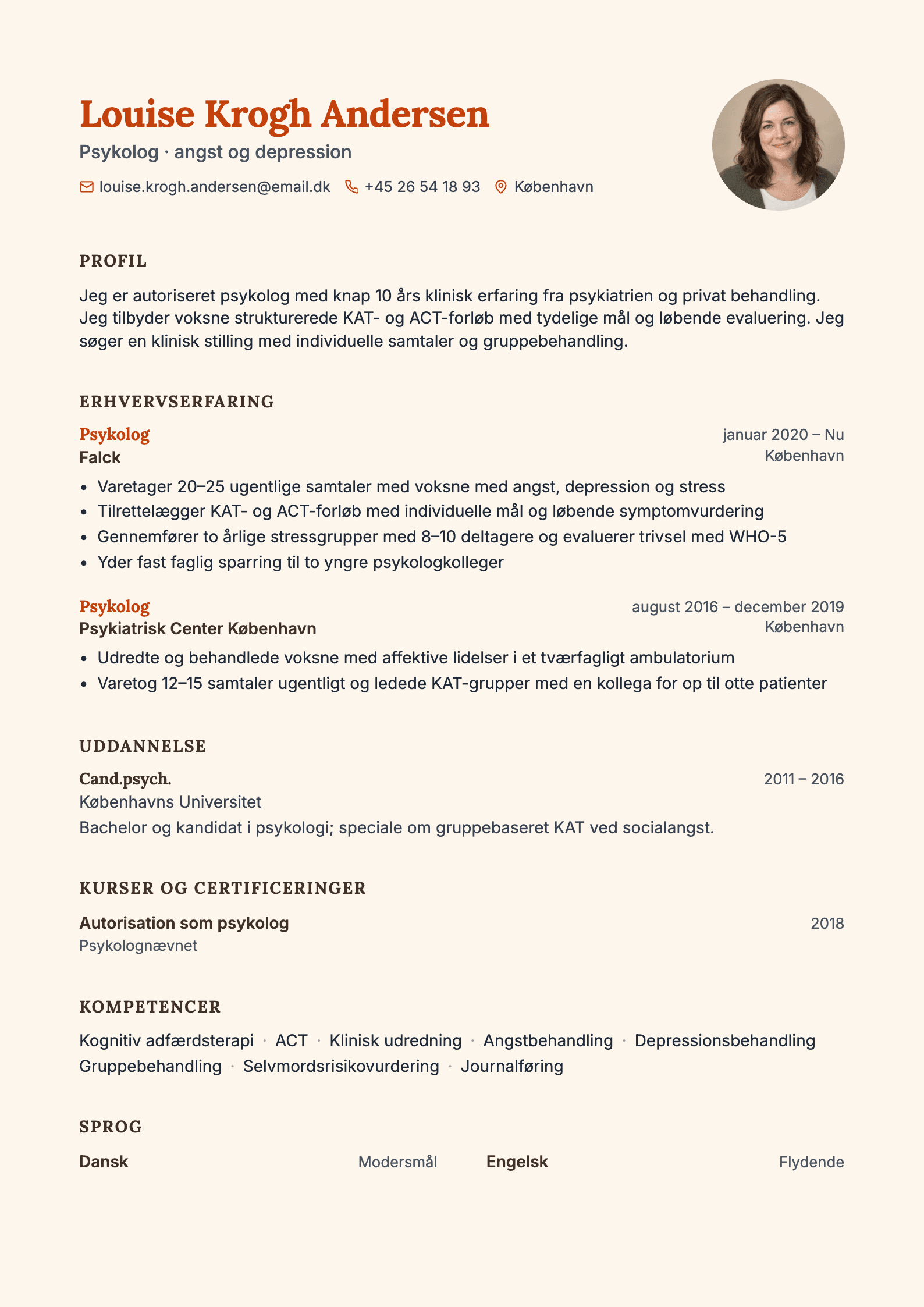 CV-eksempel for psykolog: komplet CV med profiltekst, erhvervserfaring og kompetencer