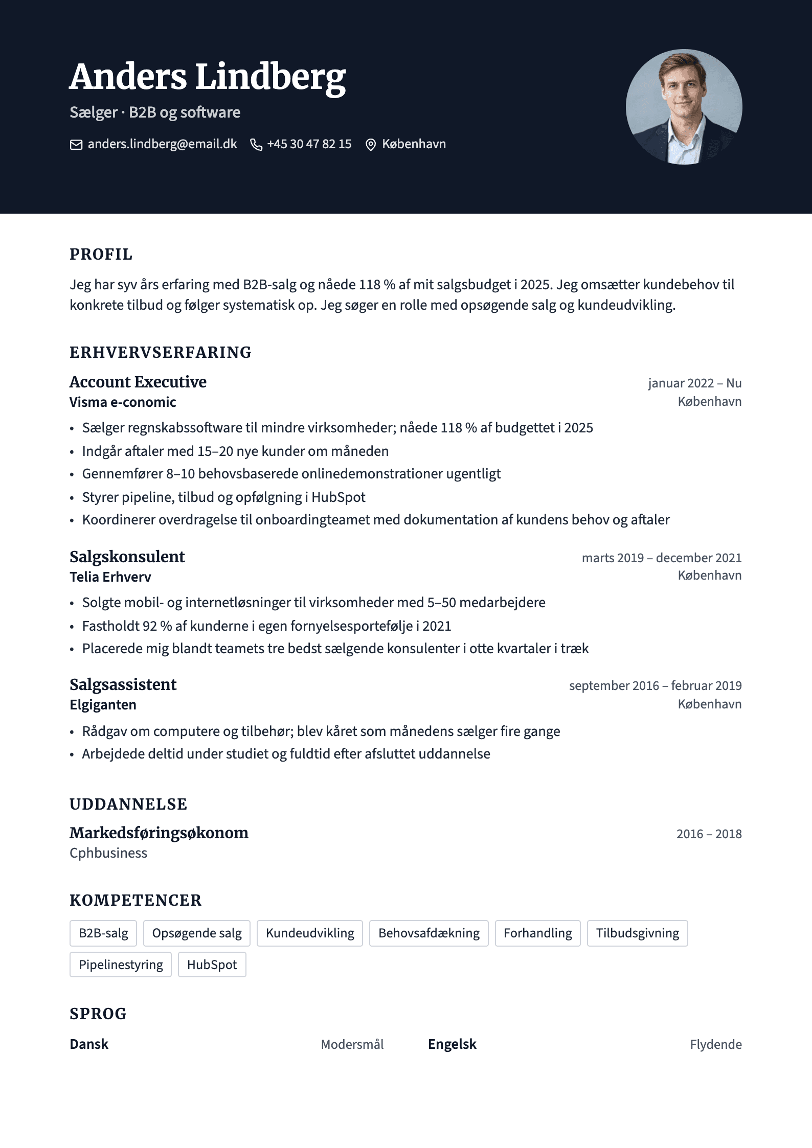 CV-eksempel for sælger: komplet CV med profiltekst, erhvervserfaring og kompetencer