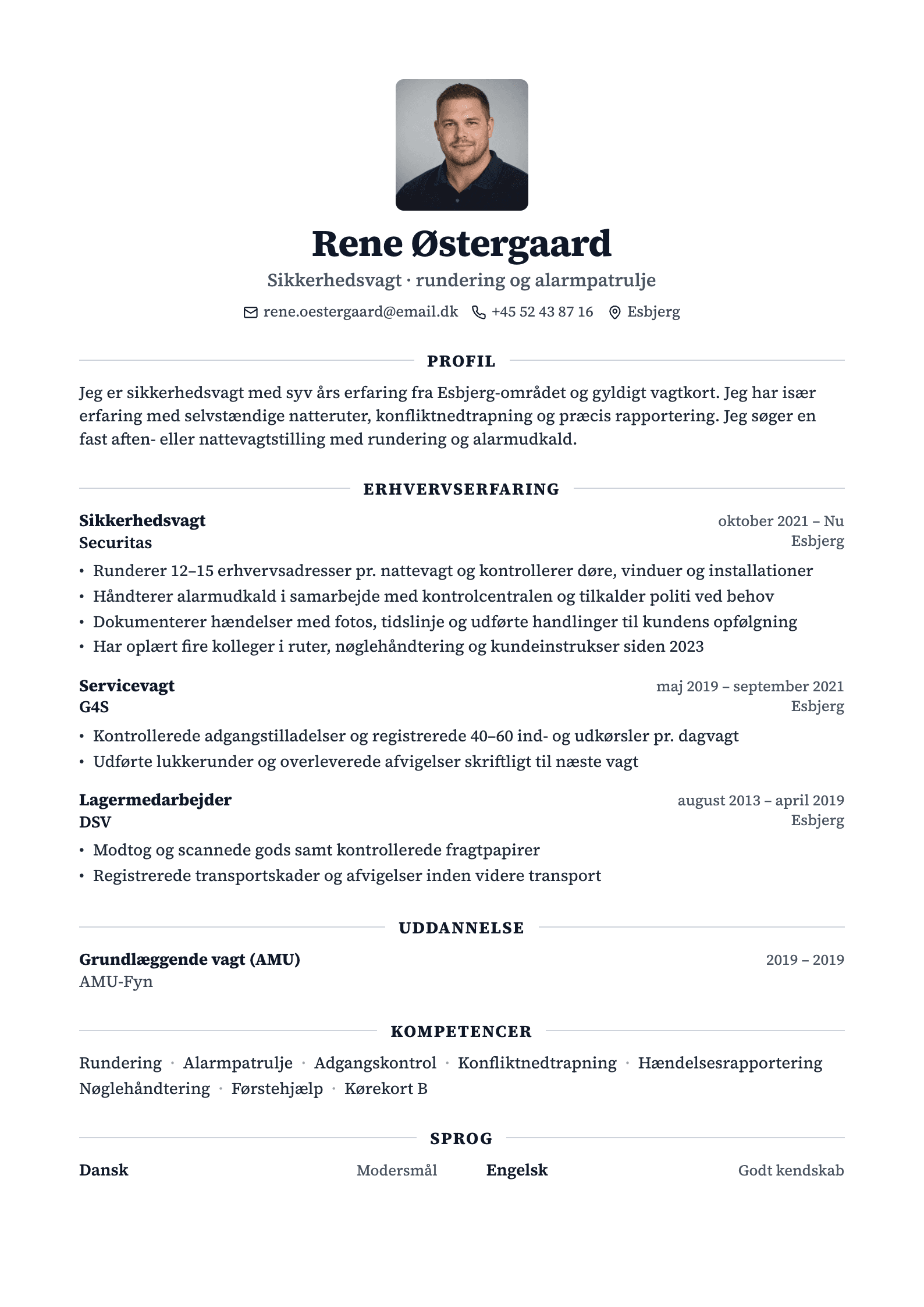 CV-eksempel for sikkerhedsvagt: komplet CV med profiltekst, erhvervserfaring og kompetencer
