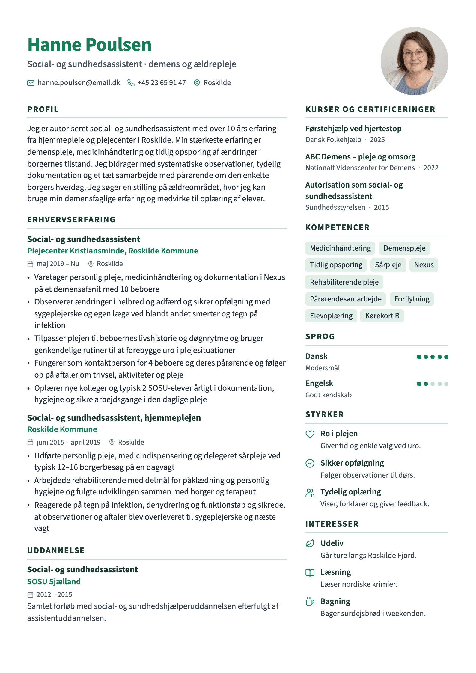 CV-eksempel for SOSU-assistent: komplet CV med profiltekst, erhvervserfaring og kompetencer