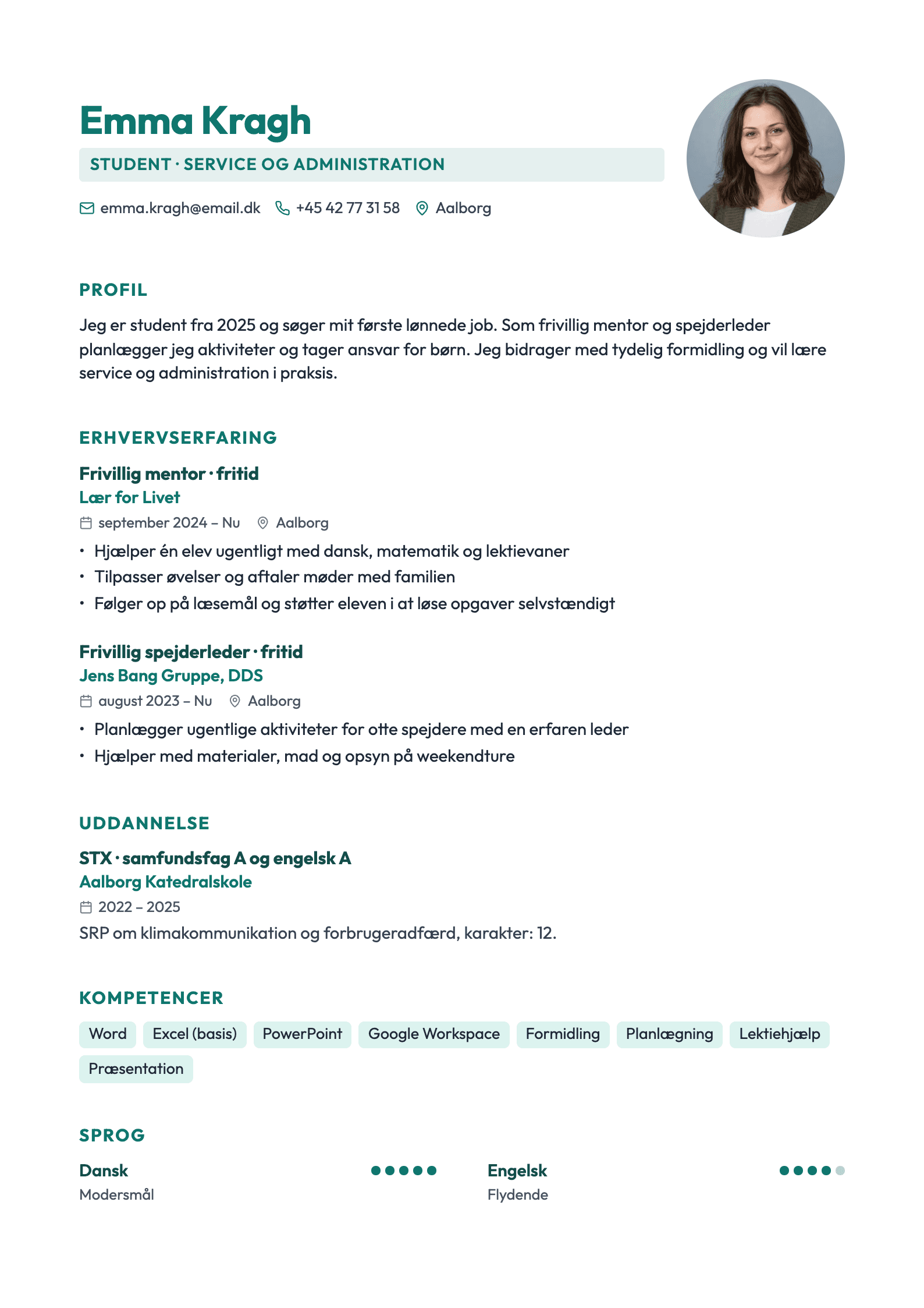 CV-eksempel for CV uden erfaring: komplet CV med profiltekst, erhvervserfaring og kompetencer
