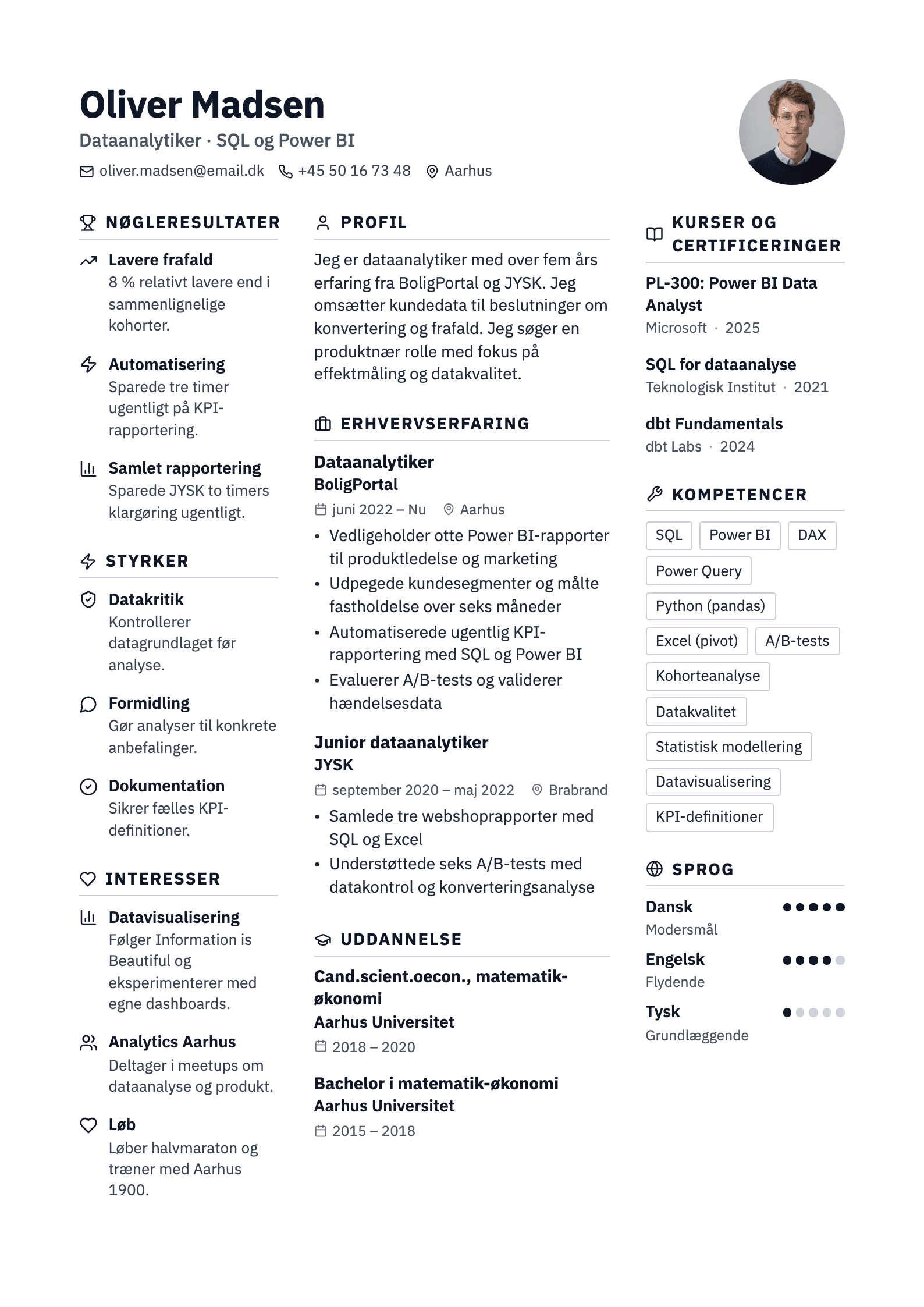 CV-eksempel for dataanalytiker: komplet CV med profiltekst, erhvervserfaring og kompetencer