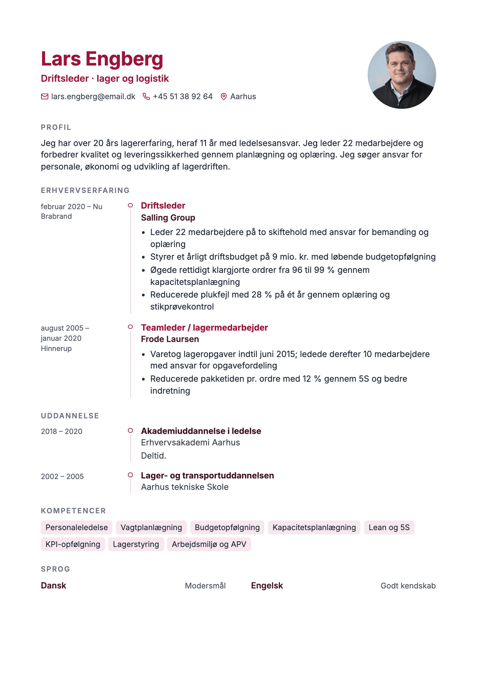 CV-eksempel for driftsleder: komplet CV med profiltekst, erhvervserfaring og kompetencer