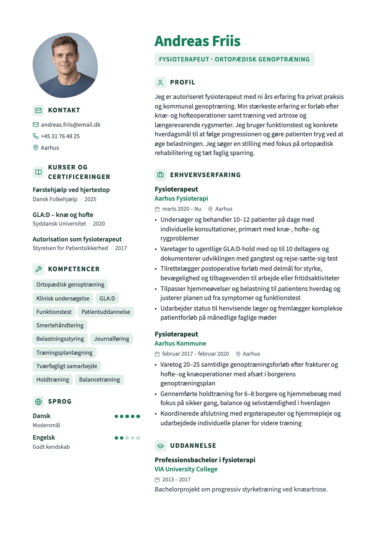 CV-eksempel for fysioterapeut: komplet CV med profiltekst, erhvervserfaring og kompetencer