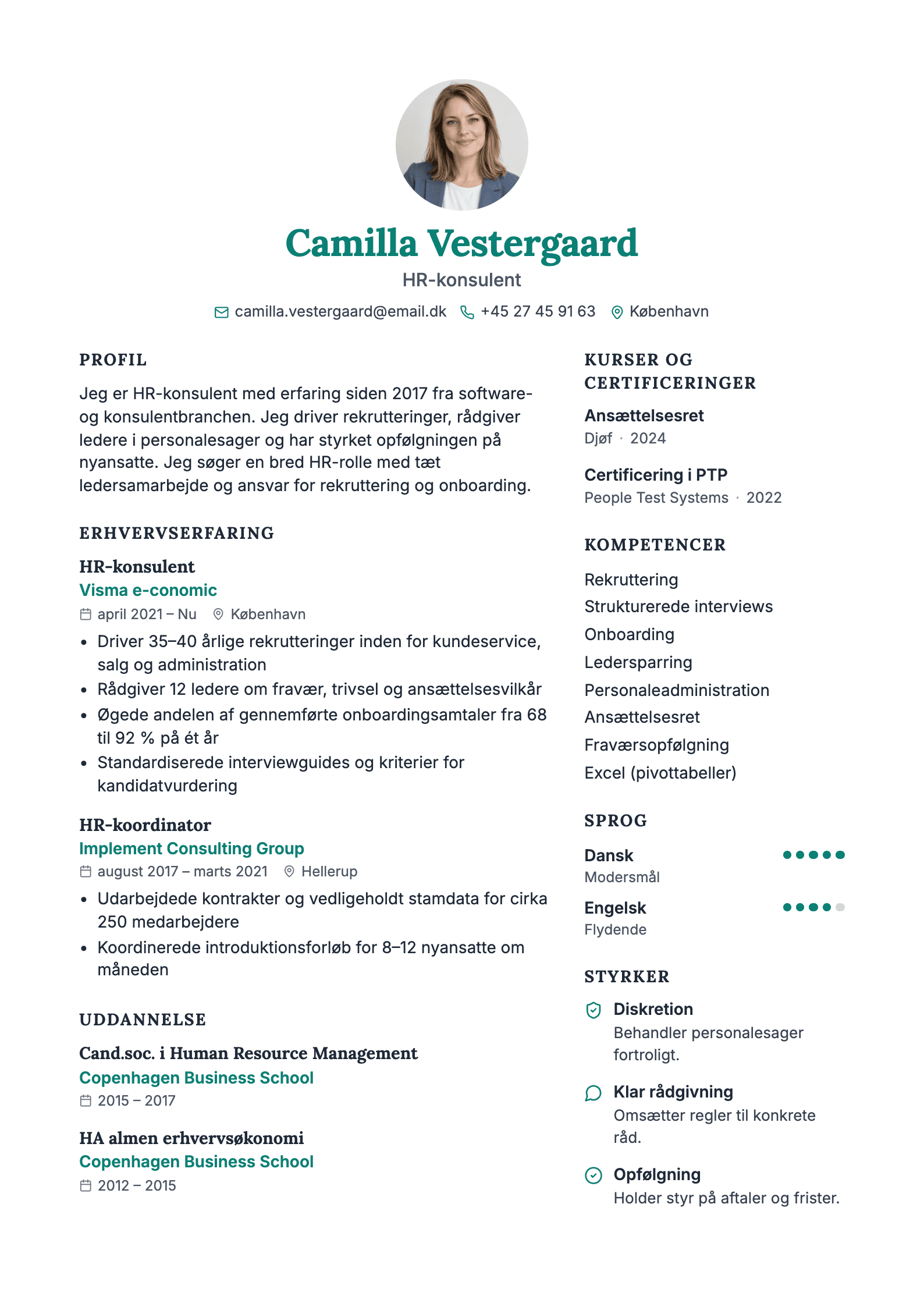 CV-eksempel for HR-konsulent: komplet CV med profiltekst, erhvervserfaring og kompetencer