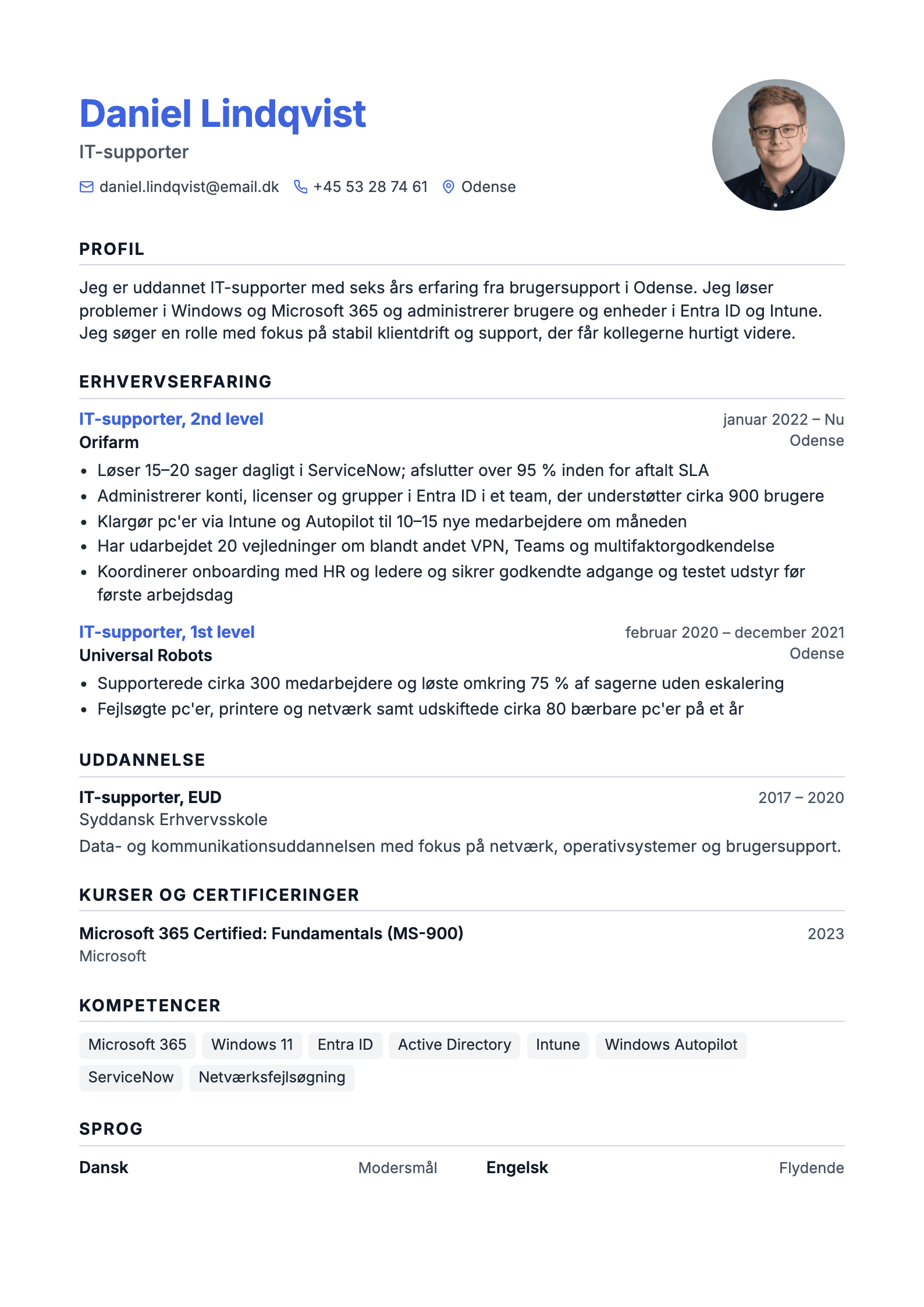 CV-eksempel for IT-supporter: komplet CV med profiltekst, erhvervserfaring og kompetencer