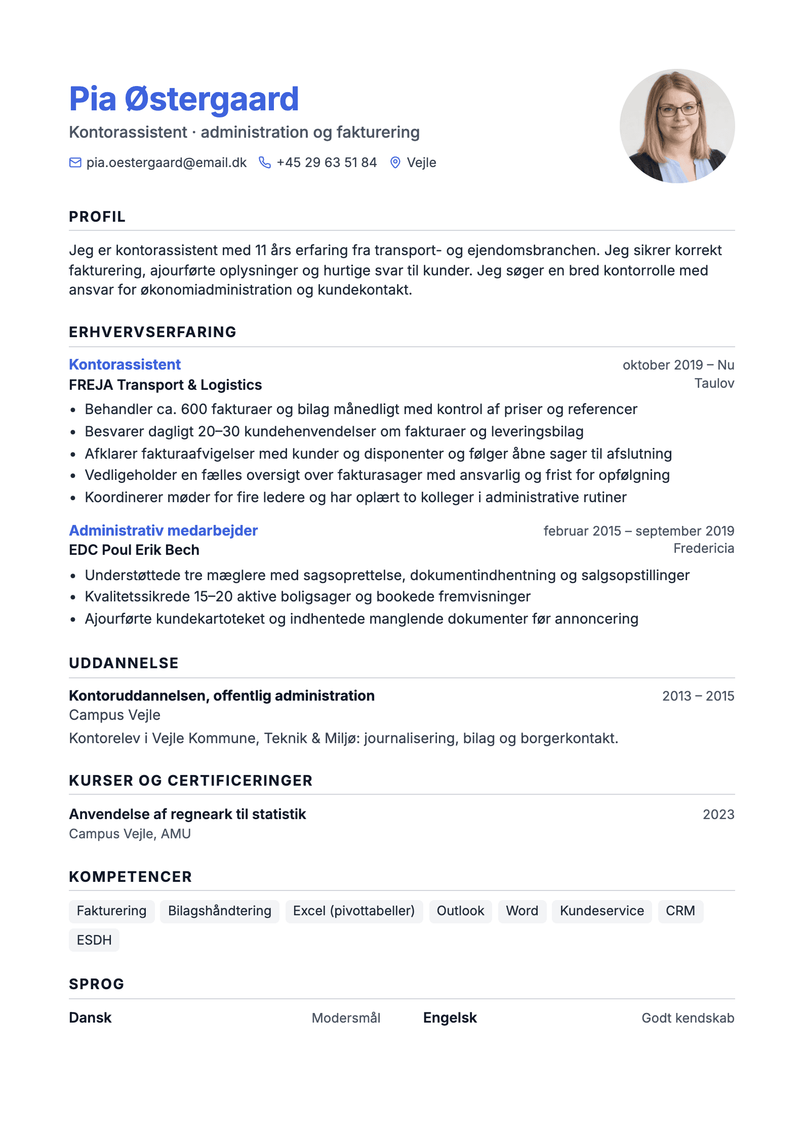 CV-eksempel for kontorassistent: komplet CV med profiltekst, erhvervserfaring og kompetencer