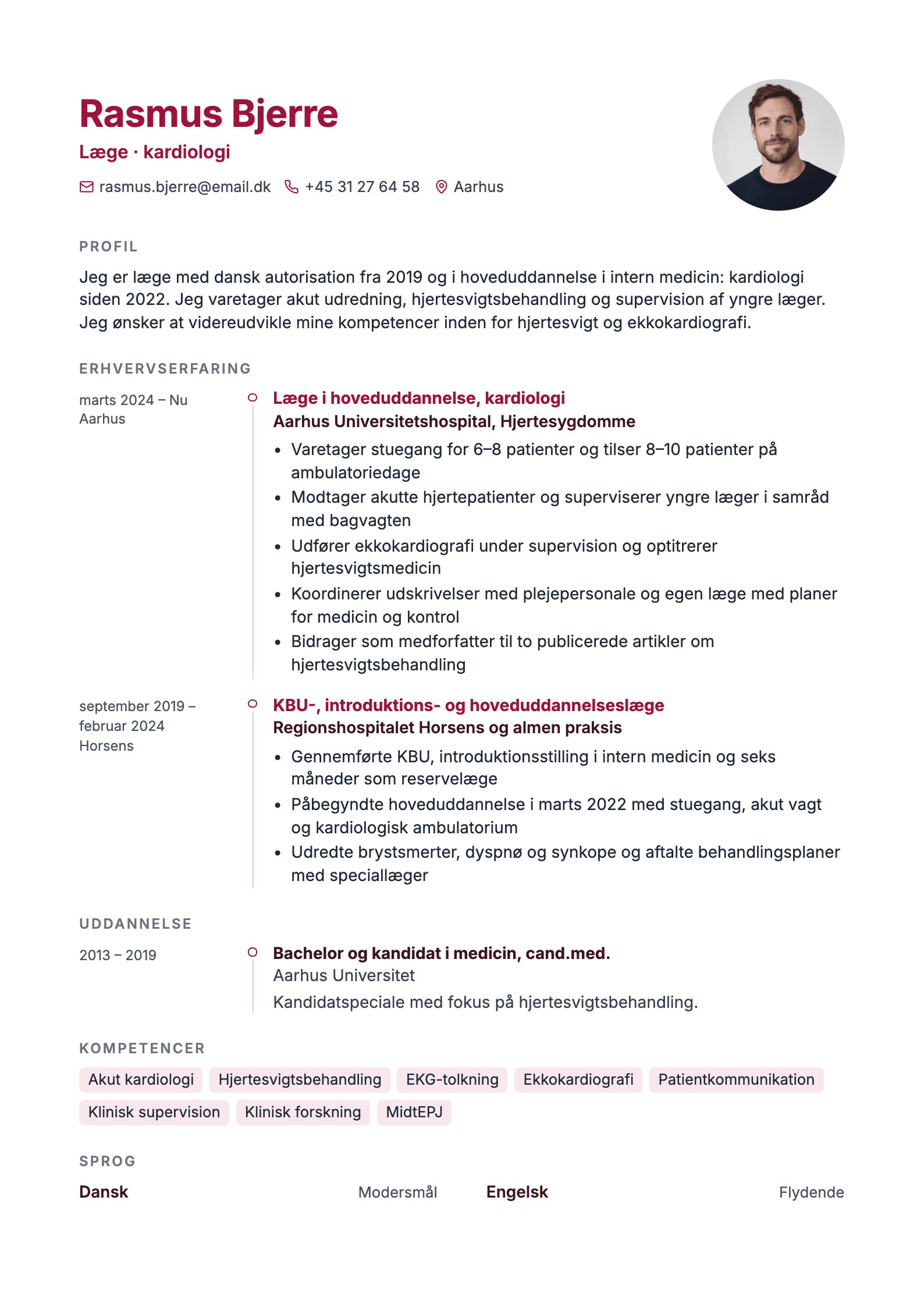 CV-eksempel for læge: komplet CV med profiltekst, erhvervserfaring og kompetencer