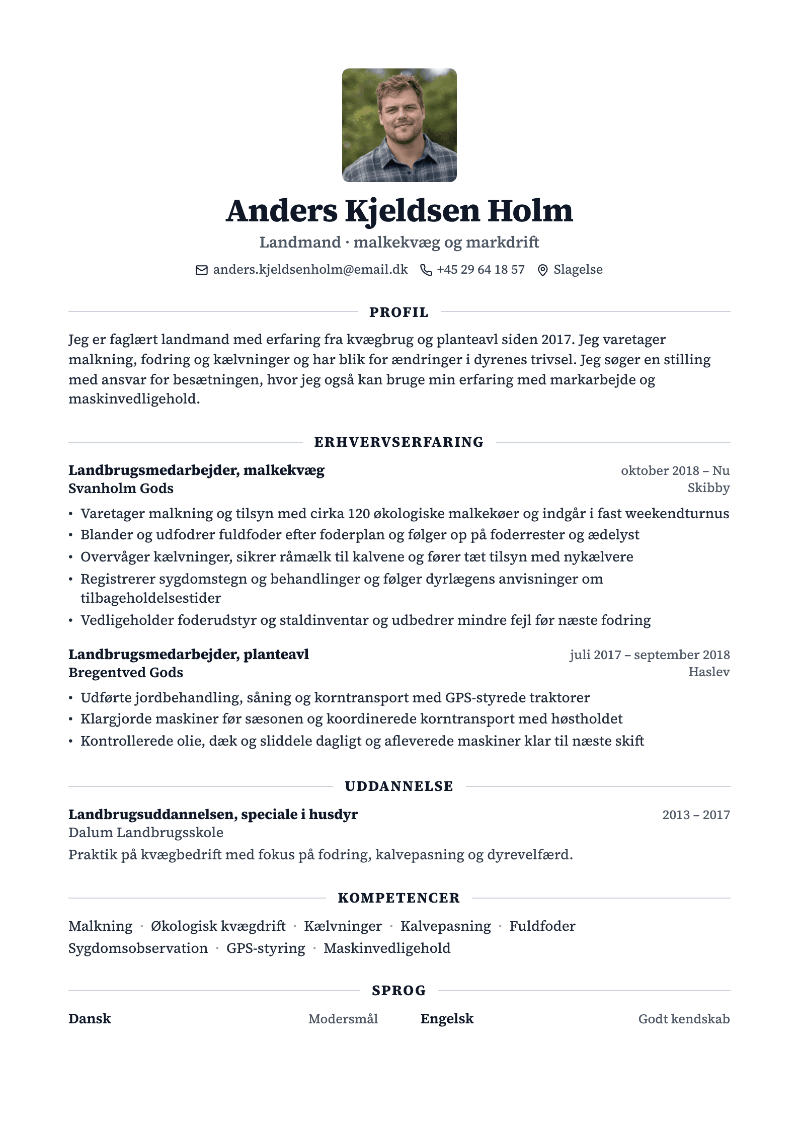 CV-eksempel for landmand: komplet CV med profiltekst, erhvervserfaring og kompetencer