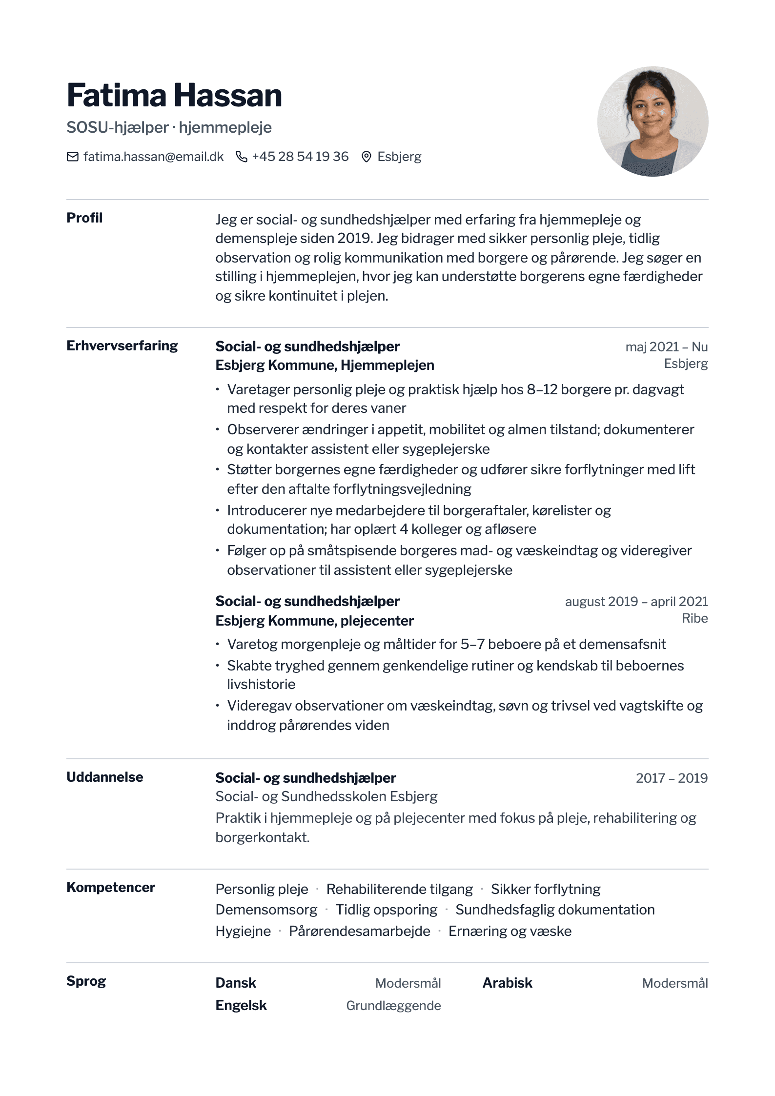 CV-eksempel for SOSU-hjælper: komplet CV med profiltekst, erhvervserfaring og kompetencer