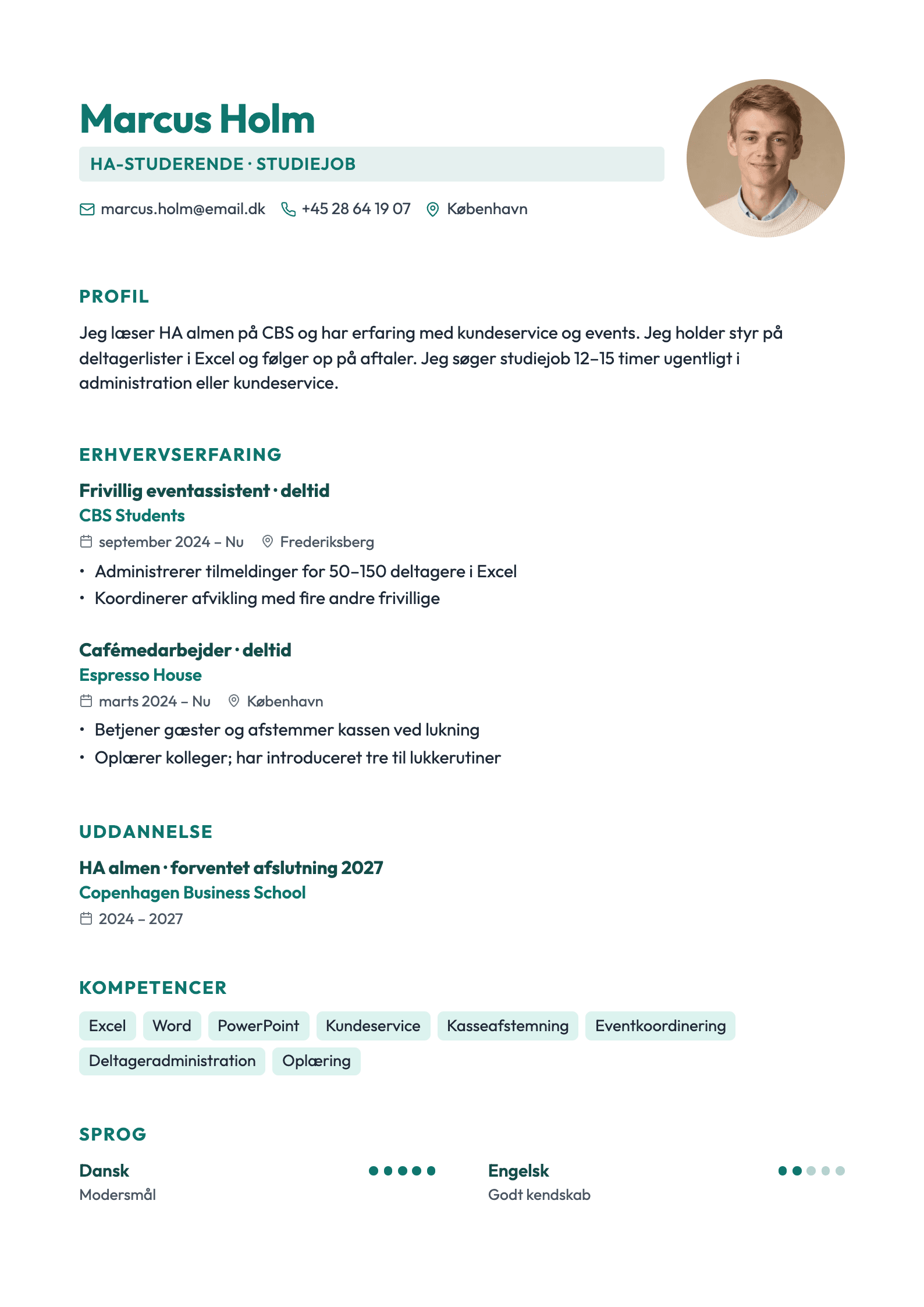 CV-eksempel for studiejob: komplet CV med profiltekst, erhvervserfaring og kompetencer