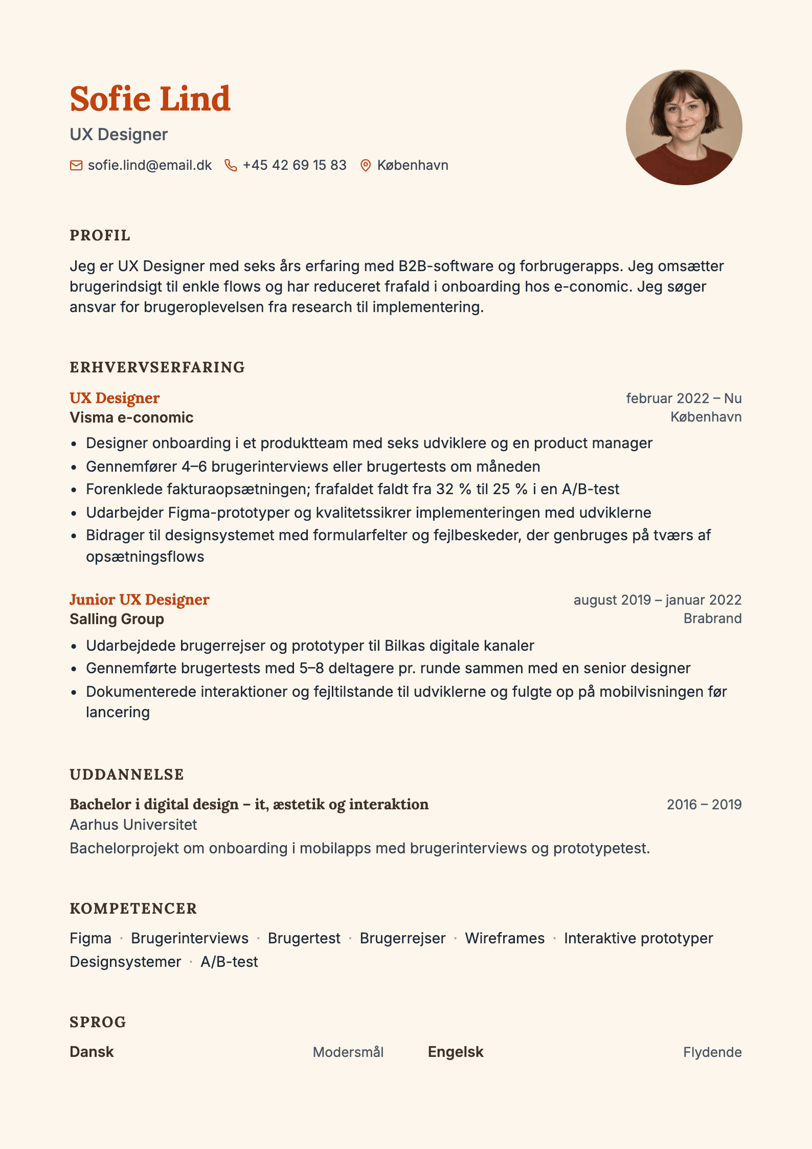 CV-eksempel for UX designer: komplet CV med profiltekst, erhvervserfaring og kompetencer