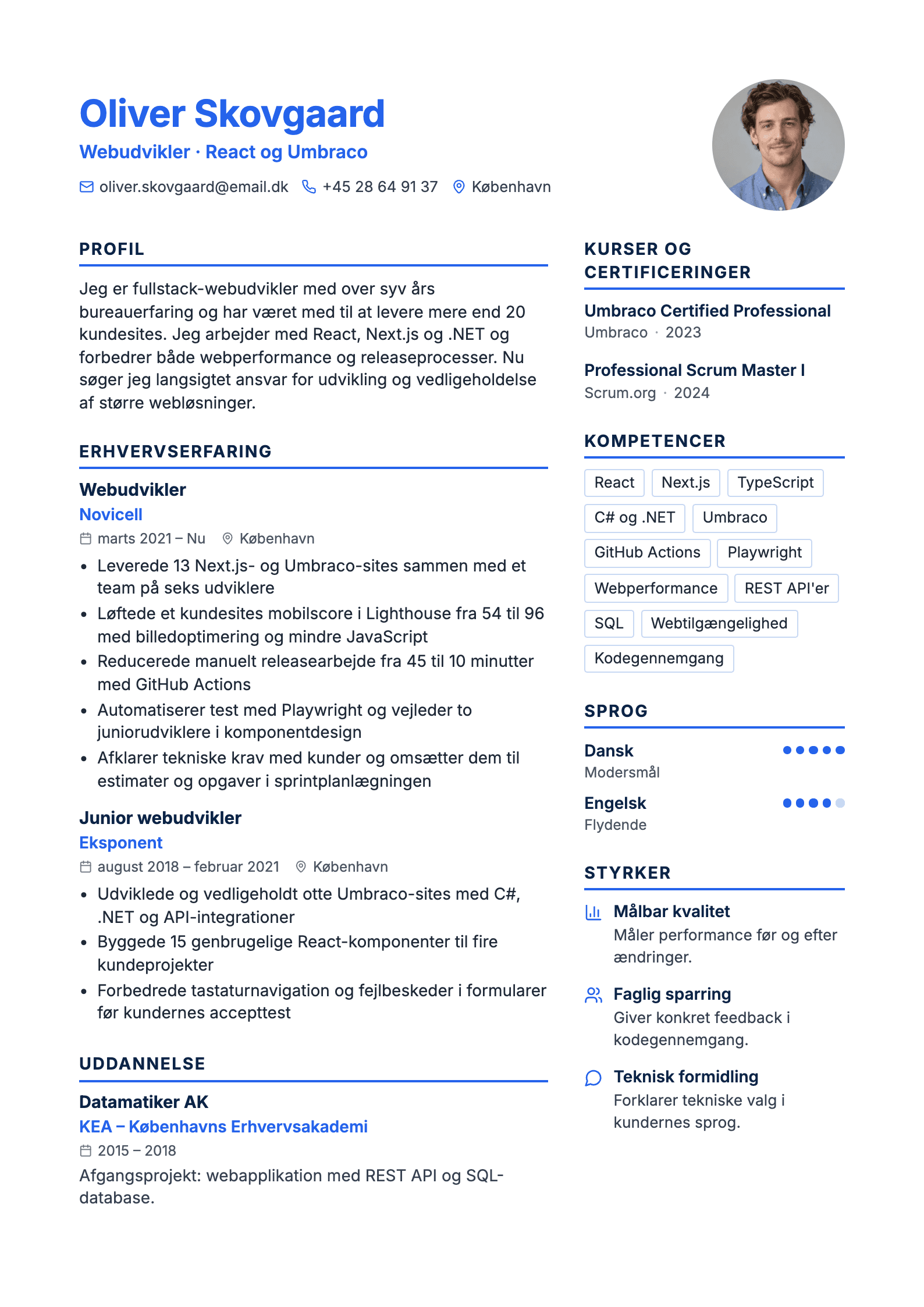 CV-eksempel for webudvikler: komplet CV med profiltekst, erhvervserfaring og kompetencer